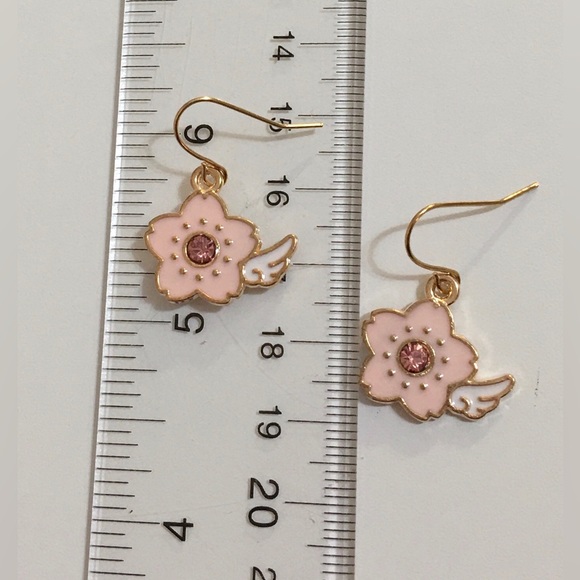 Pink Flower ￼Pink CZ in the middle￼With White Wing￼ Earrings Rose Gold Hooks - Picture 8 of 11